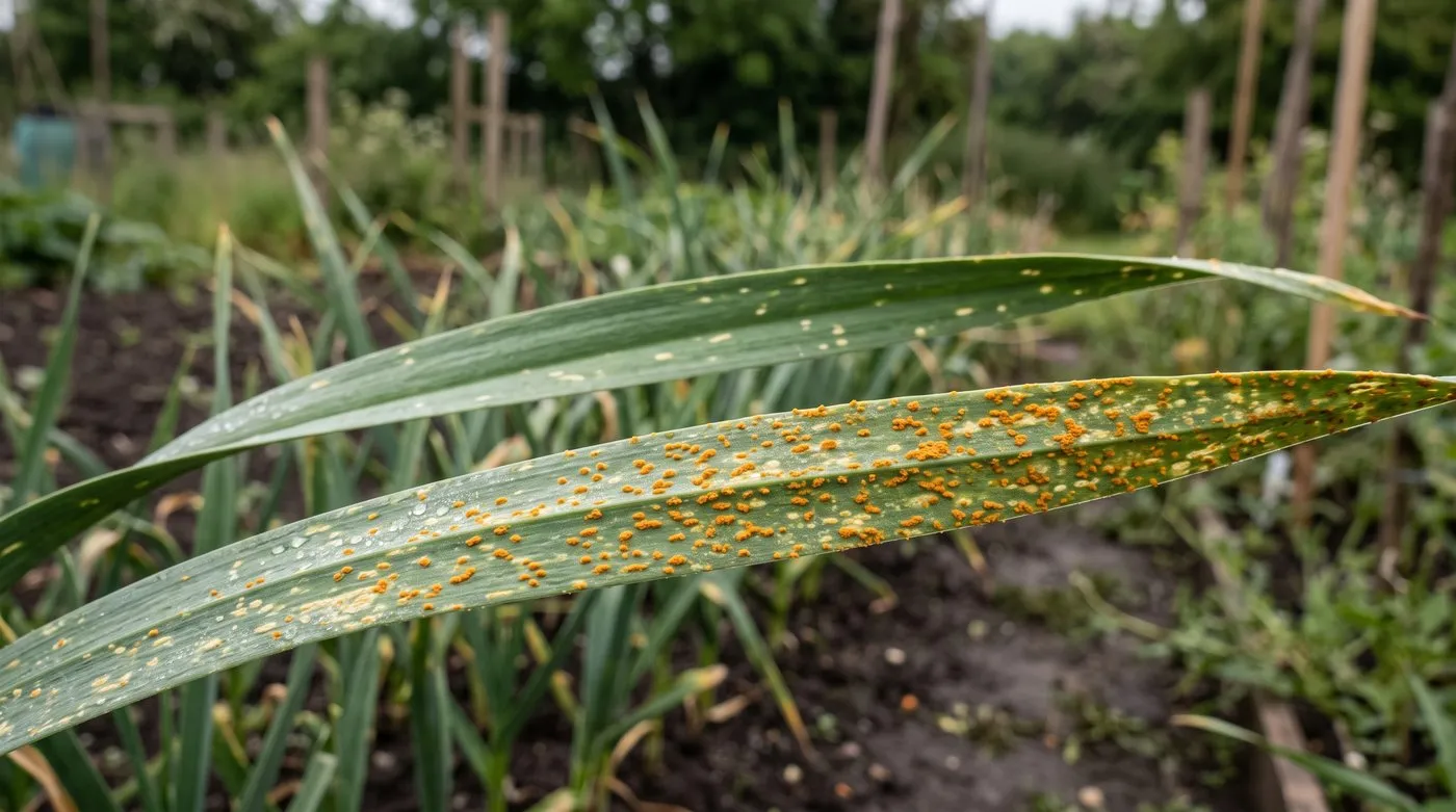 Garlic leaves dotted with bright orange rust pustules in a damp spring