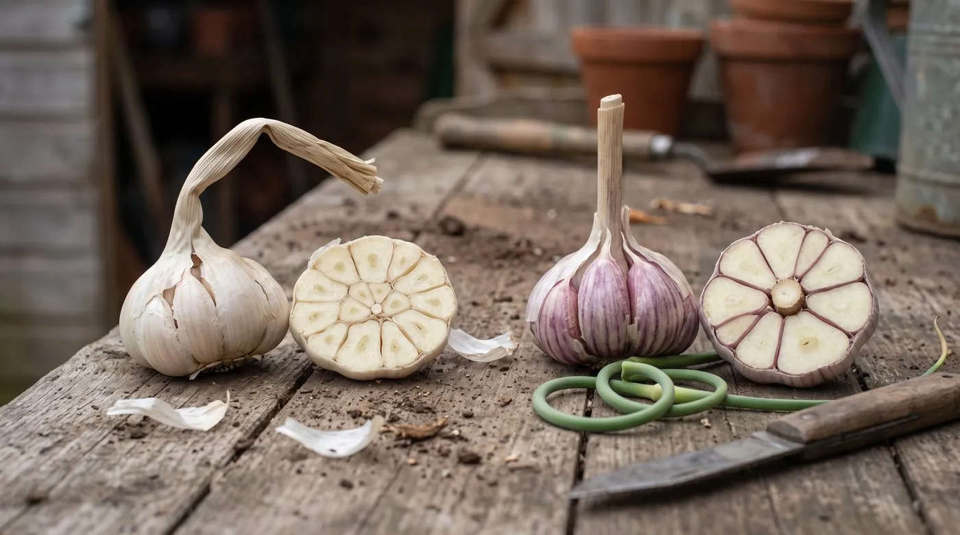 Softneck garlic with many small cloves beside a hardneck bulb with fewer large cloves round a stiff stem