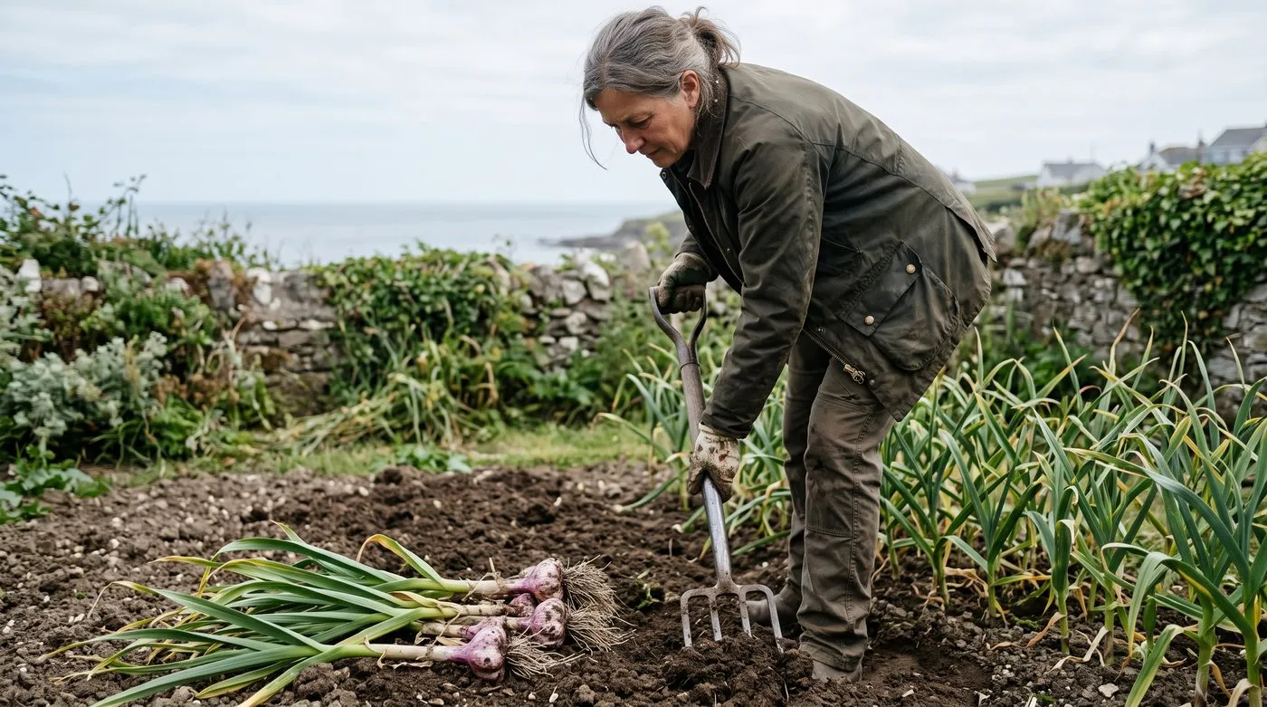 Woman lifting purple-skinned early garlic bulbs with a fork in a seaside garden in June