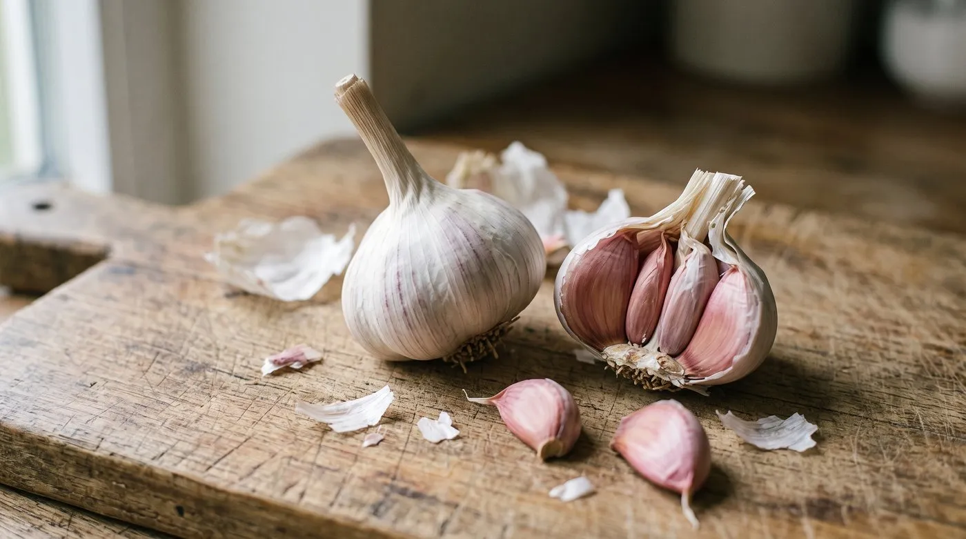 Hardneck garlic bulb broken open to show plump pink-skinned cloves on a wooden chopping board