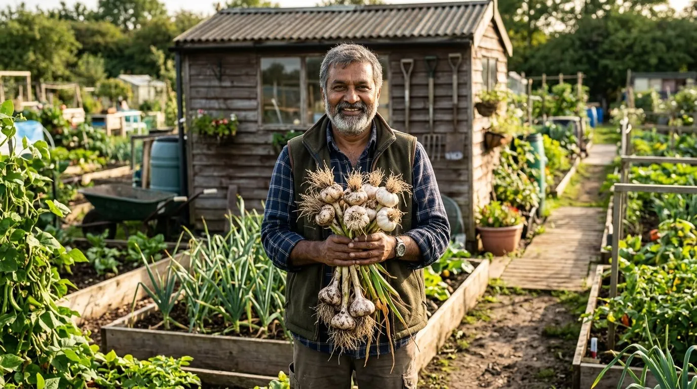 Best garlic varieties UK including hardneck and softneck types freshly harvested on allotment