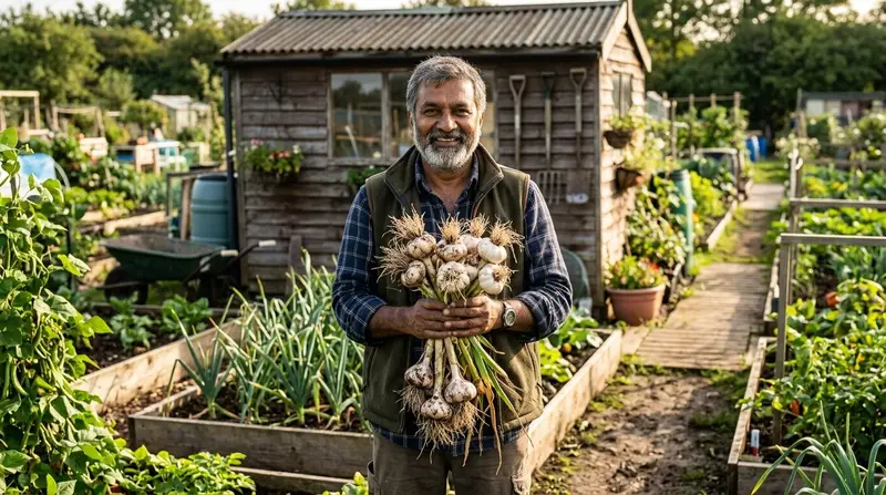 Best garlic varieties UK including hardneck and softneck types freshly harvested on allotment
