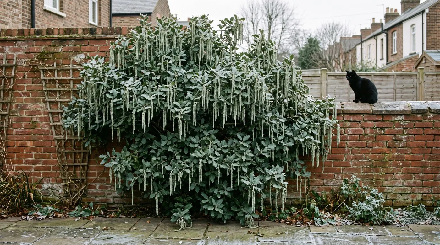 Garrya James Roof with long silvery catkins on a north-facing brick wall in winter, a black cat on the wall