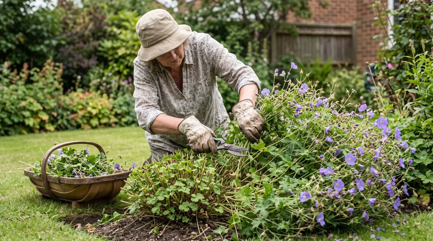 Woman shearing a hardy geranium back to 10cm after its first flush of flowers in early summer