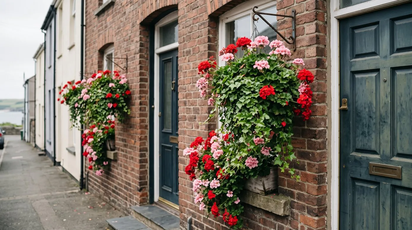 Trailing ivy-leaved pelargoniums in red and pink cascading from a hanging basket by a front door