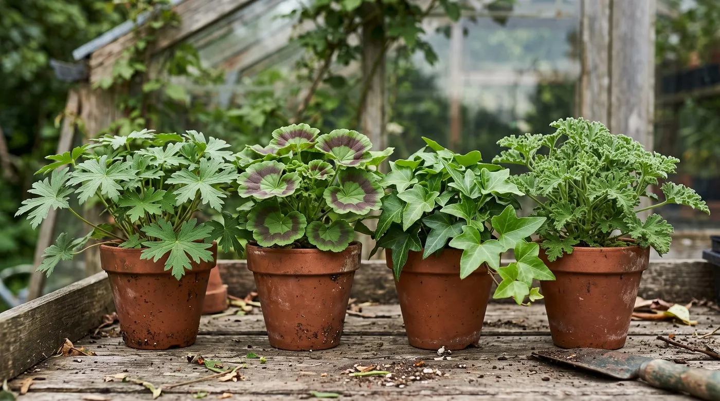 Hardy geranium leaf beside zonal, ivy-leaved and scented-leaf pelargonium leaves in pots for comparison