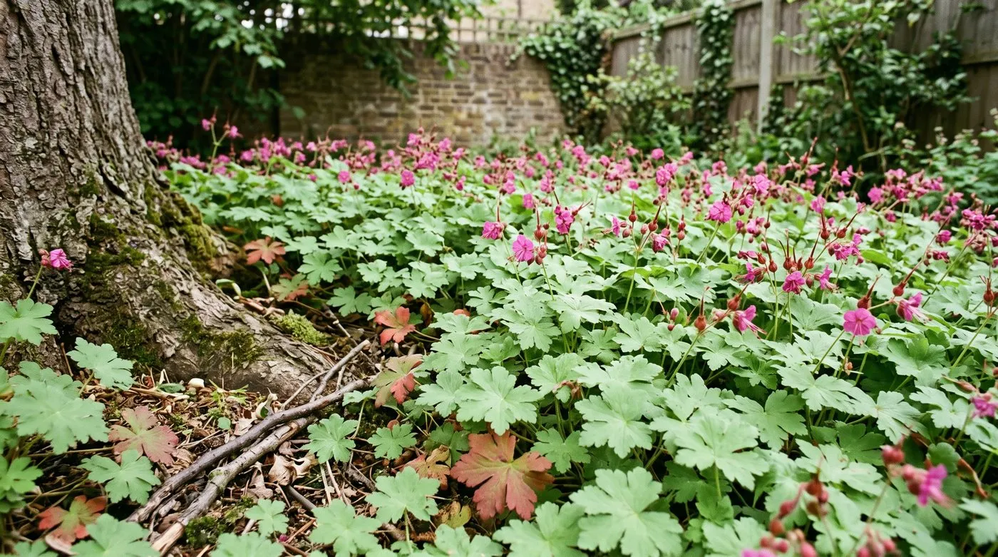 Geranium macrorrhizum forming dense ground cover with pink flowers in dry shade under a tree