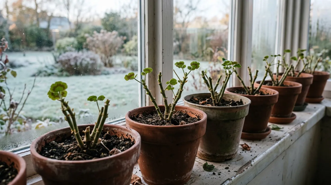 Zonal pelargoniums cut back to 15cm and overwintering on a cool, bright porch windowsill