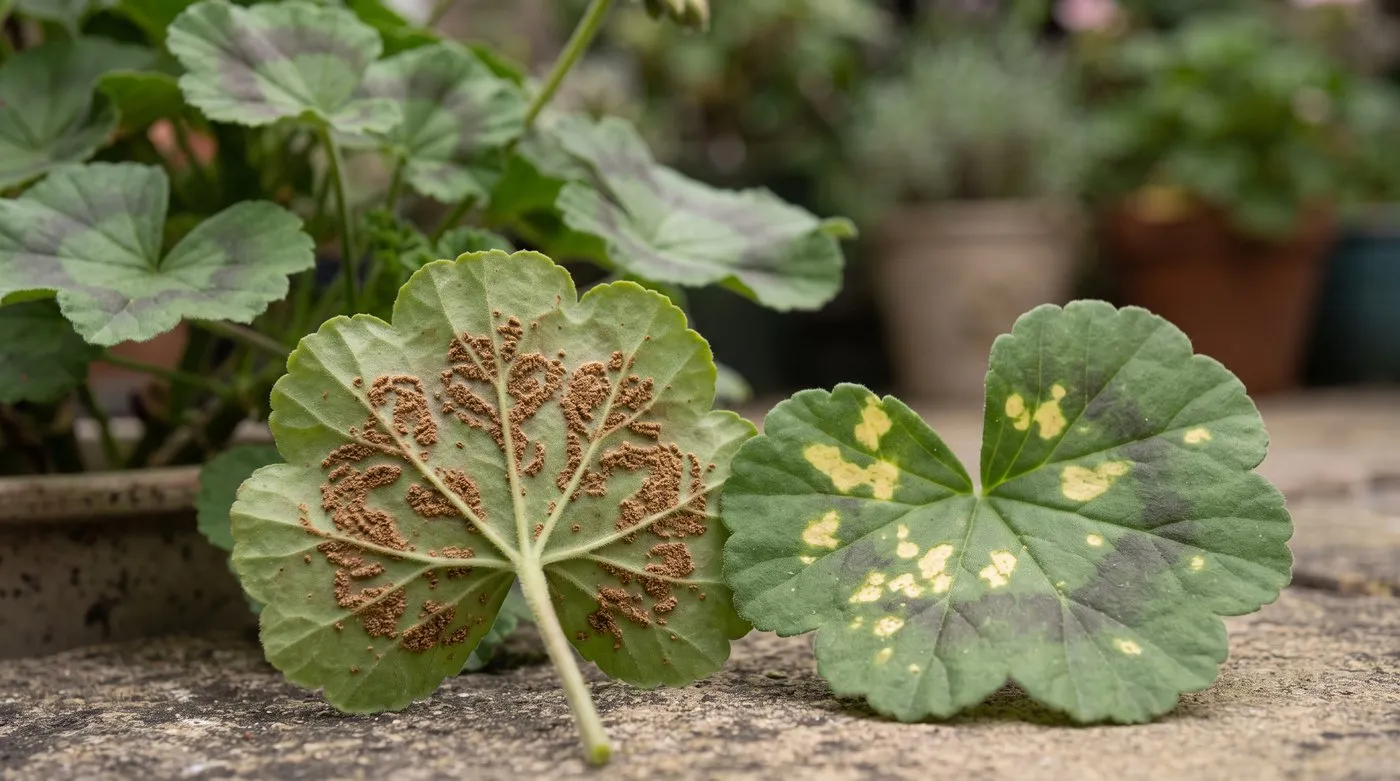 Pelargonium rust showing rings of brown spots under a leaf and yellow patches on top