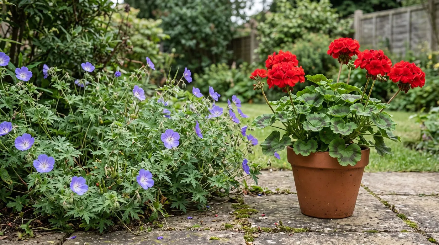 Hardy geranium with blue saucer flowers beside a red zonal pelargonium with dark-ringed round leaves