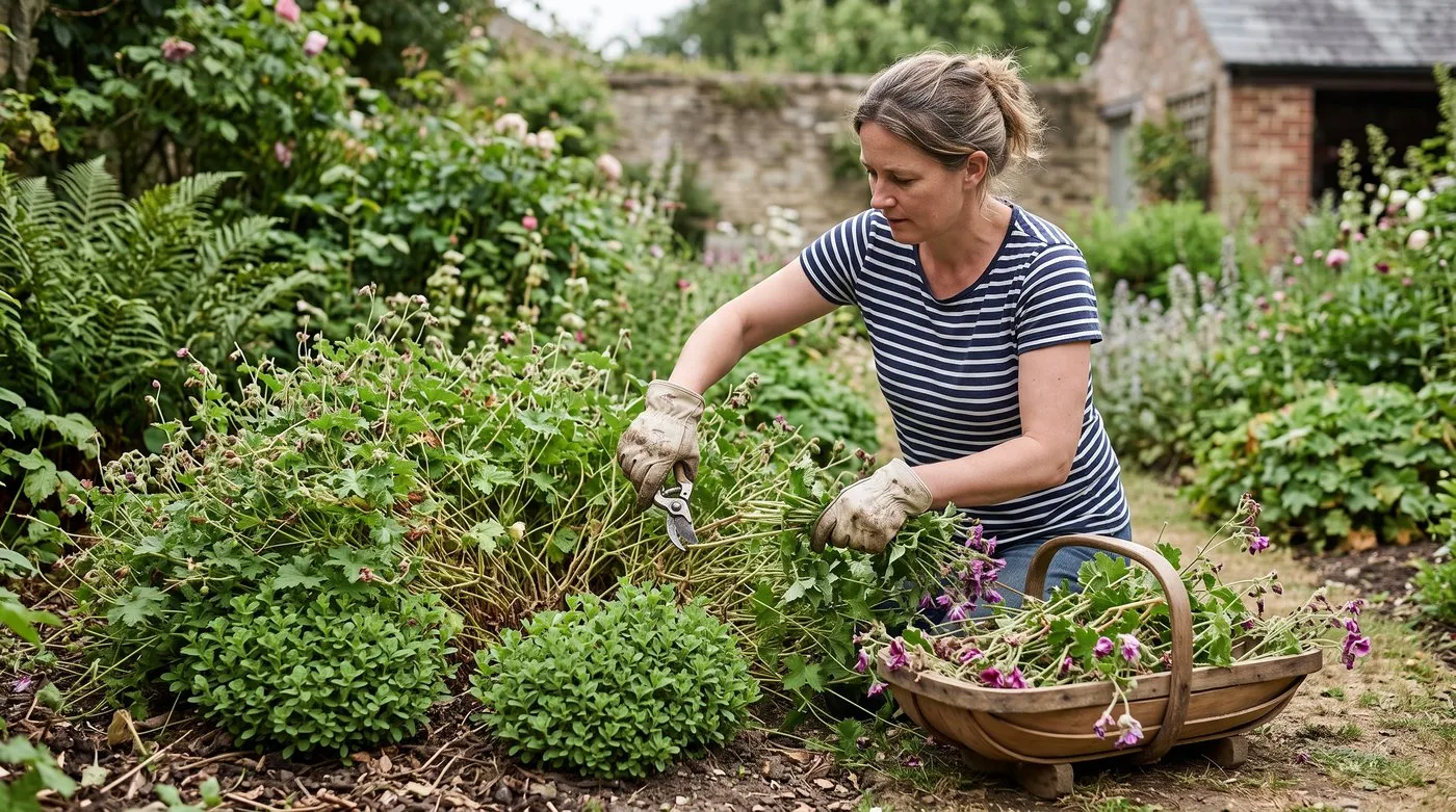 Woman cutting back a sprawling hardy geranium by half with shears after its first flowers