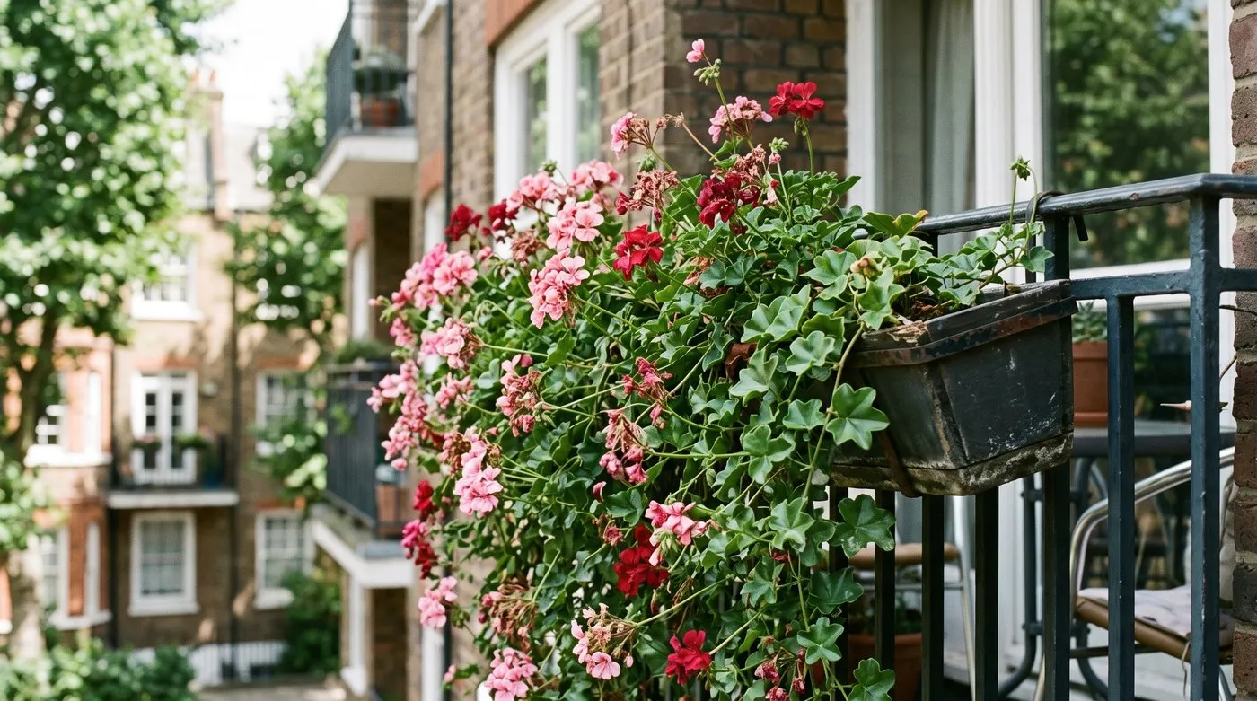Trailing ivy-leaved pelargoniums in pink and red tumbling from a balcony window box