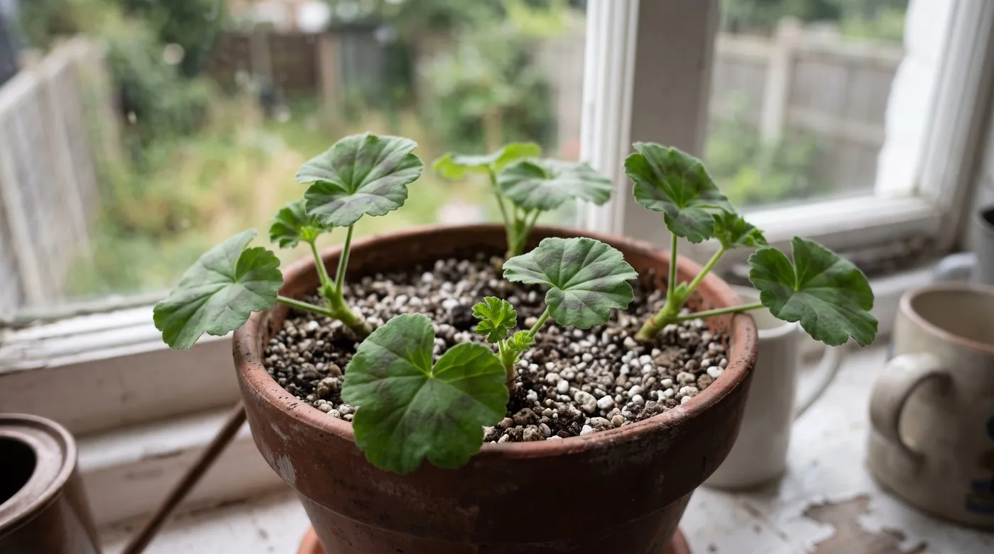 Pelargonium cuttings rooting around the edge of a small pot of gritty compost on a windowsill