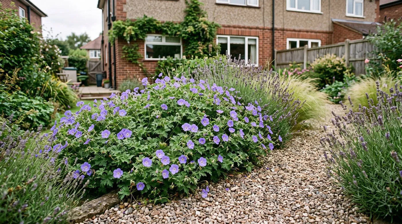 Geranium Rozanne with violet-blue flowers spilling over a gravel path edge in late summer