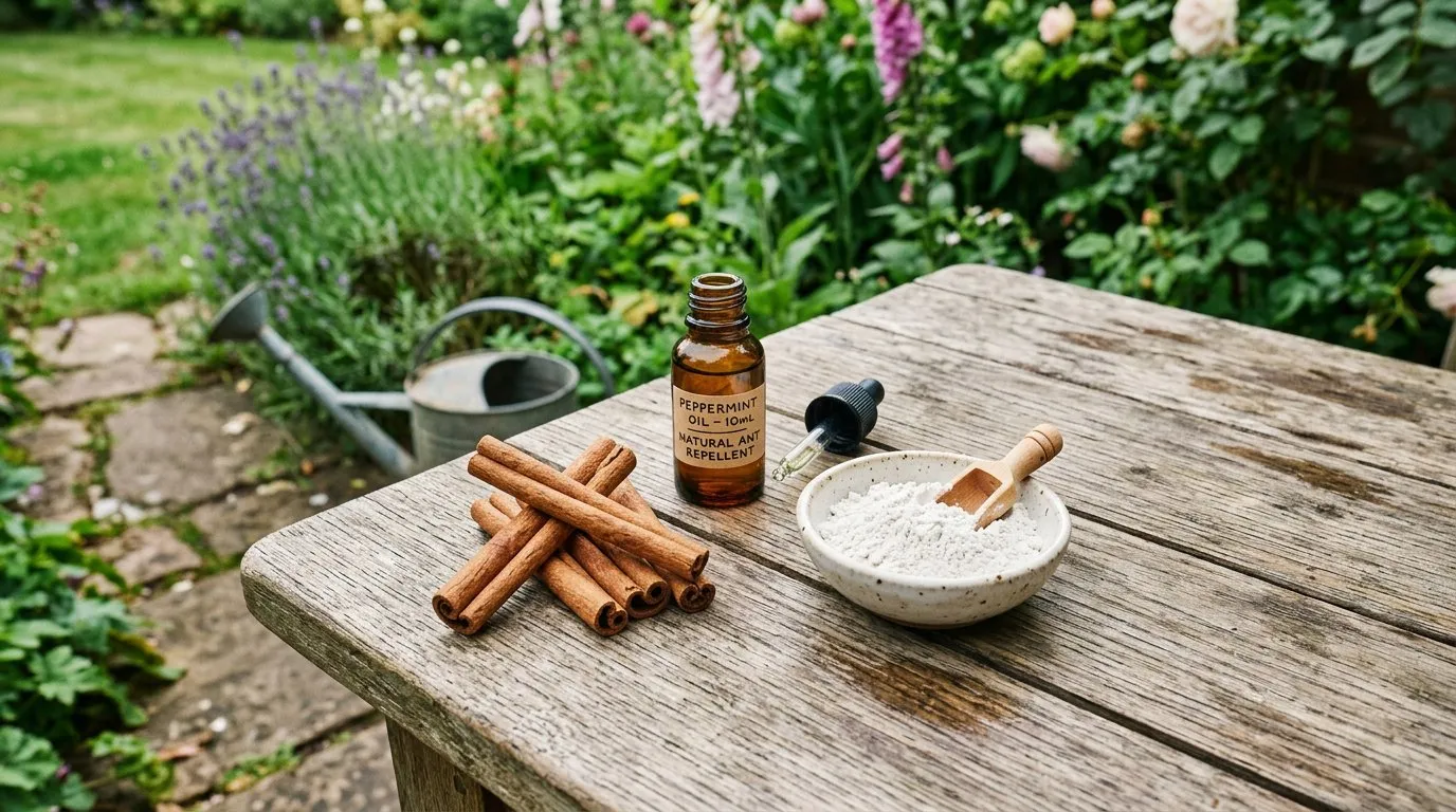 Natural ant deterrents including cinnamon, peppermint oil, and diatomaceous earth arranged on a garden table