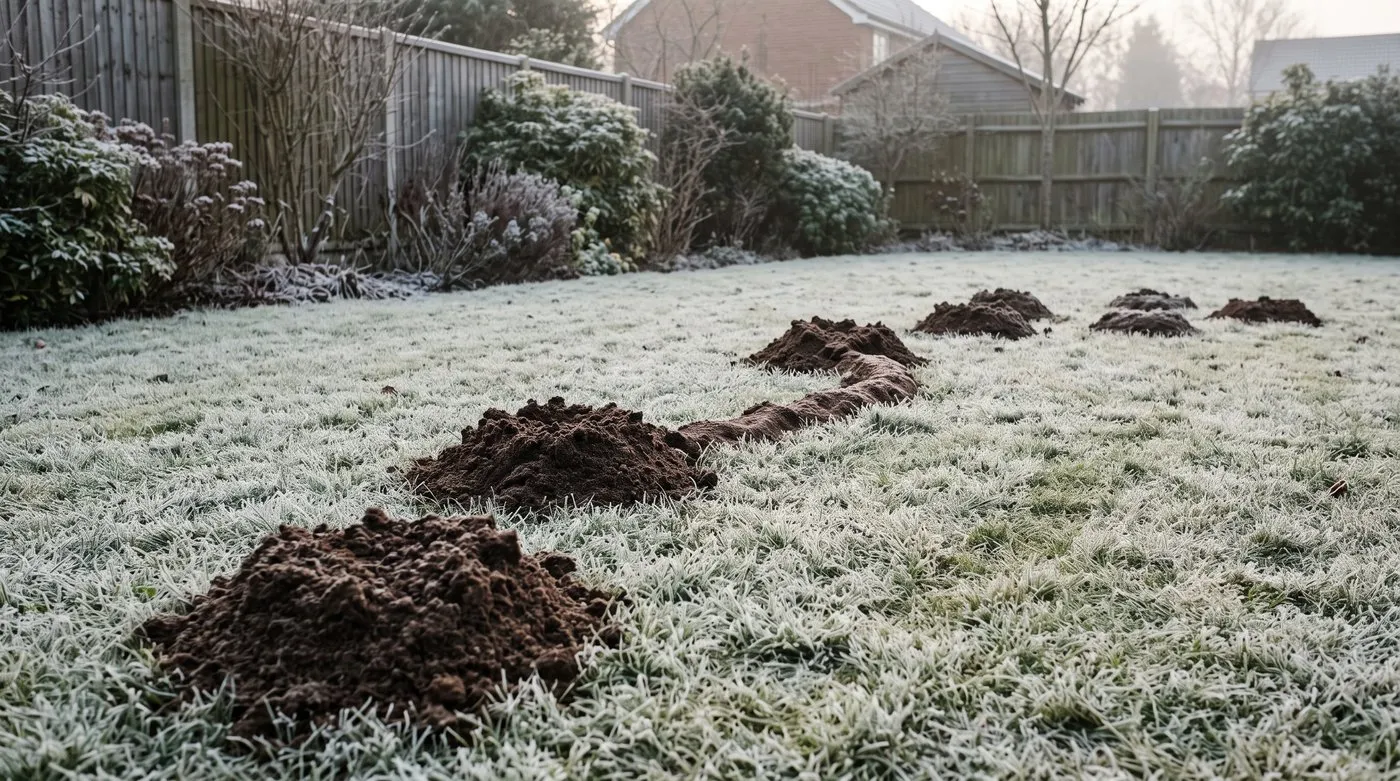 Line of fresh molehills across a frosty UK lawn in early spring, showing a mole is active
