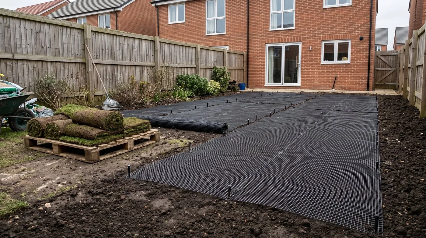 Black mole mesh laid flat and overlapping on prepared soil before new turf goes down