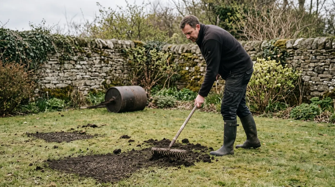 Gardener raking molehill soil thinly across a lawn to repair mole damage