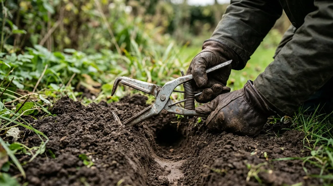 A scissor mole trap set in an opened tunnel section with soil around it on a lawn