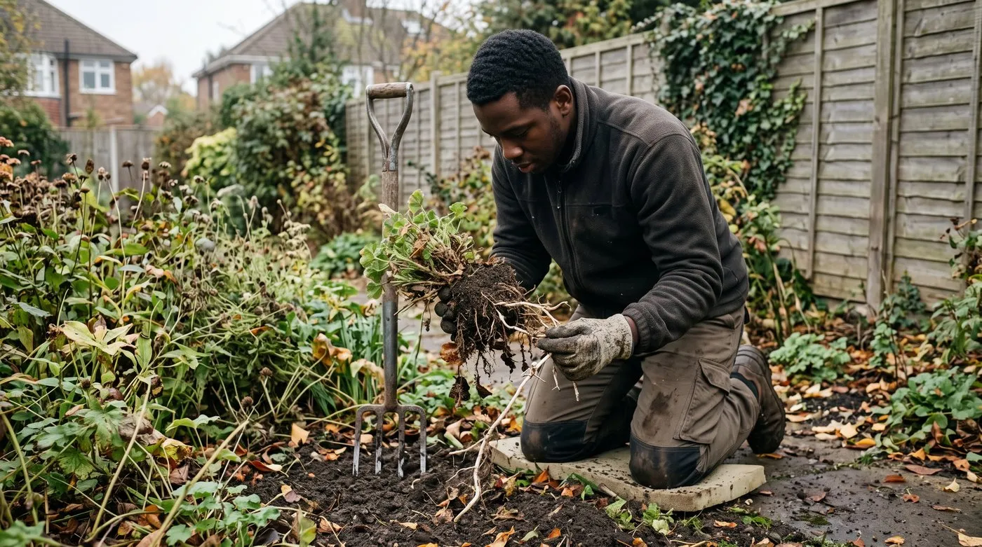 Gardener teasing white couch grass roots out of a lifted perennial's root ball in an autumn border