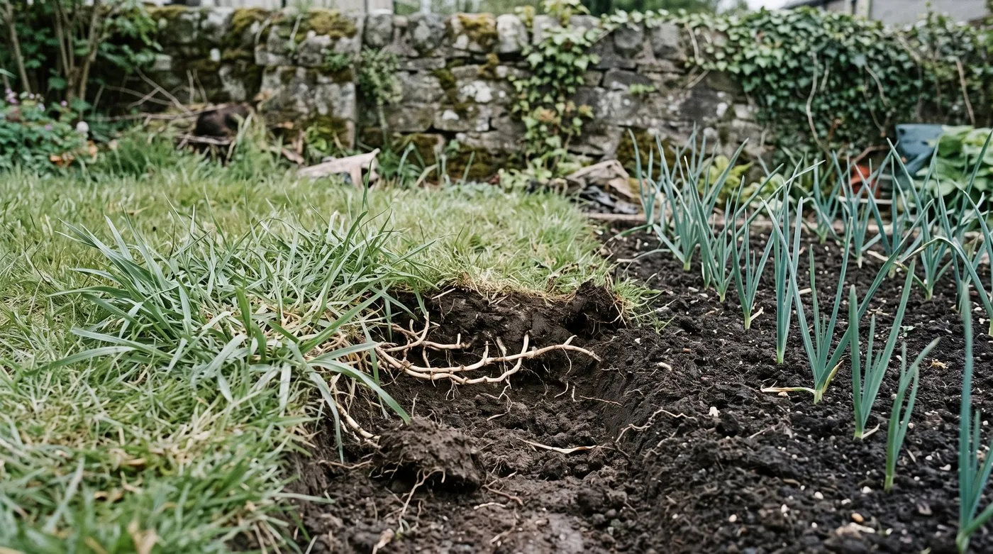 Couch grass creeping from a lawn edge into a leek bed, with white roots running under the soil