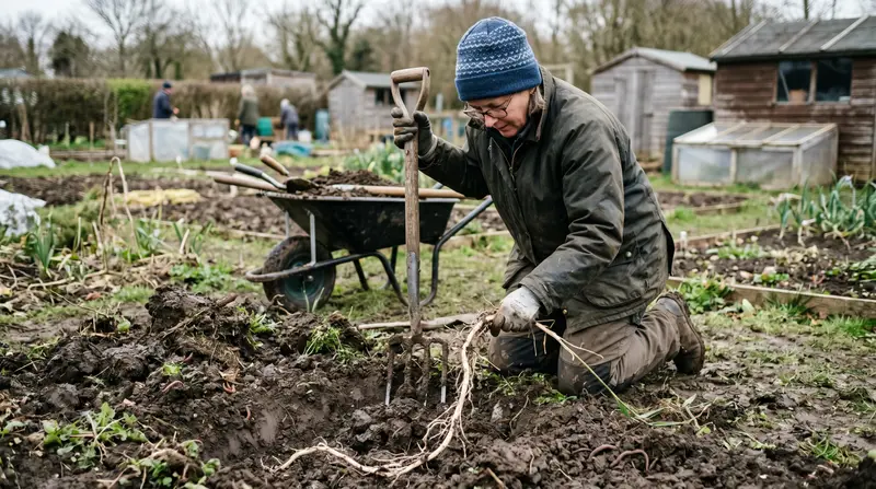 A UK allotment holder pulling a long white rhizome of couch grass from heavy clay soil with a digging fork in early spring