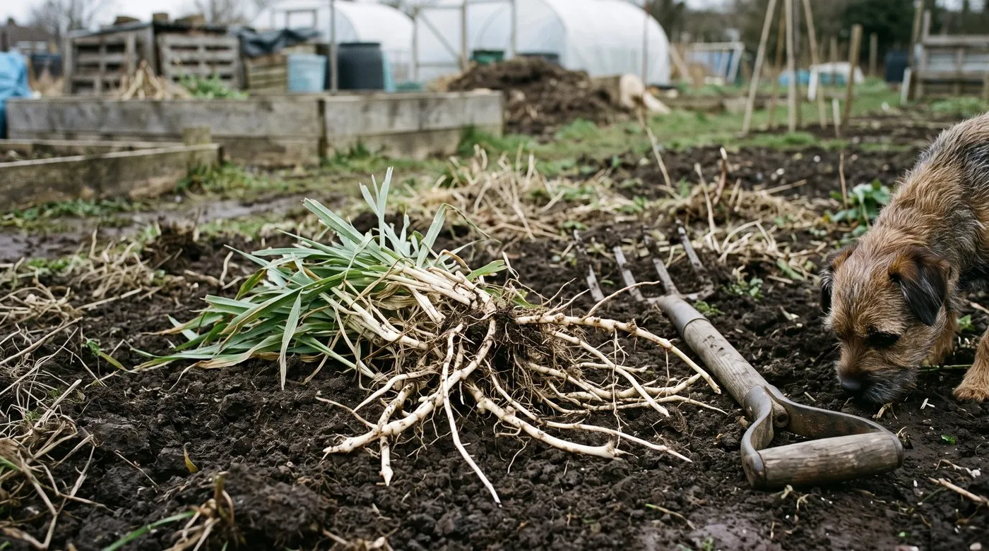 Pulled couch grass clump showing long white jointed roots on allotment soil, with a terrier nearby