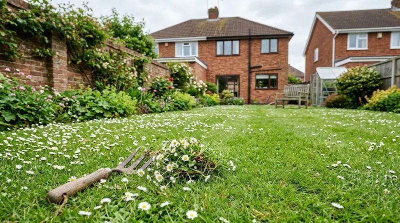 A daisy-flecked UK back garden lawn with a hand fork lifting out a daisy clump