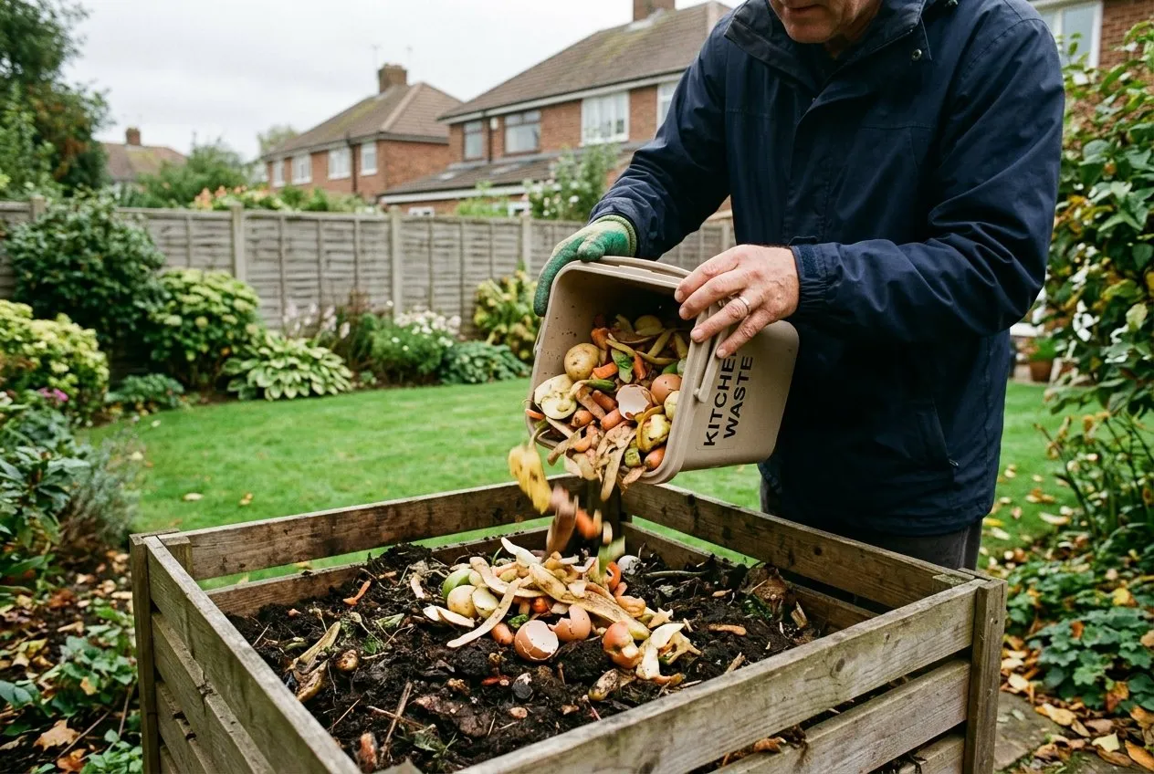 A gardener emptying a lidded kitchen compost caddy onto a compost heap in a UK back garden to remove a fruit fly breeding source