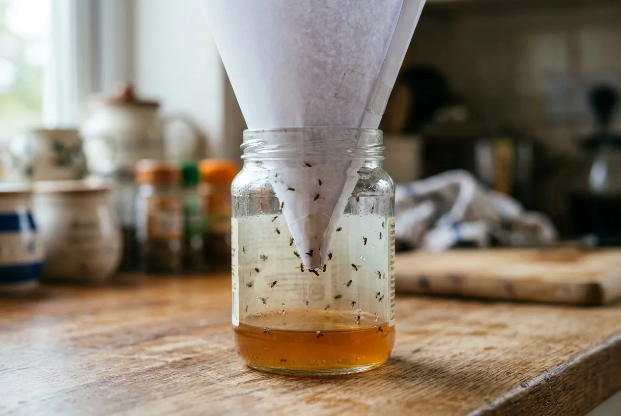 Close-up of a homemade fruit fly trap: a glass jam jar of amber cider vinegar with a white paper cone pushed into the neck