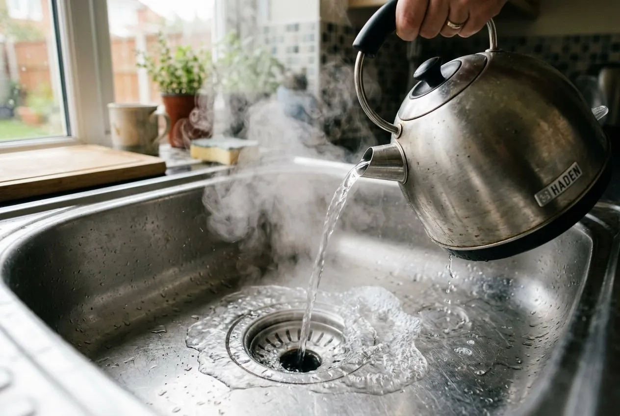Boiling water being poured from a kettle down a UK kitchen sink plughole to clear the film that fruit flies breed in