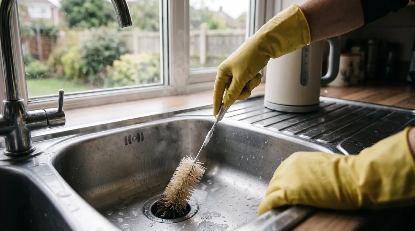 Gloved hands scrubbing a kitchen sink plughole with a bottle brush after rinsing with hot water