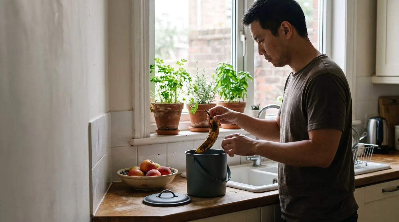 Man taking an over-ripe banana from a fruit bowl to put in the compost caddy in a kitchen