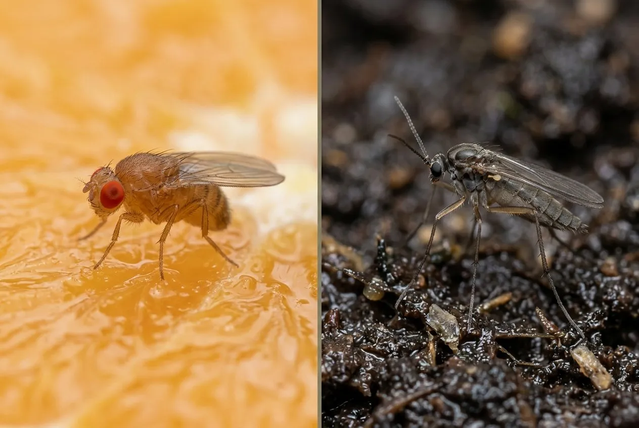 Two insects side by side for comparison: a tan red-eyed fruit fly on fruit next to a darker slender fungus gnat on damp compost