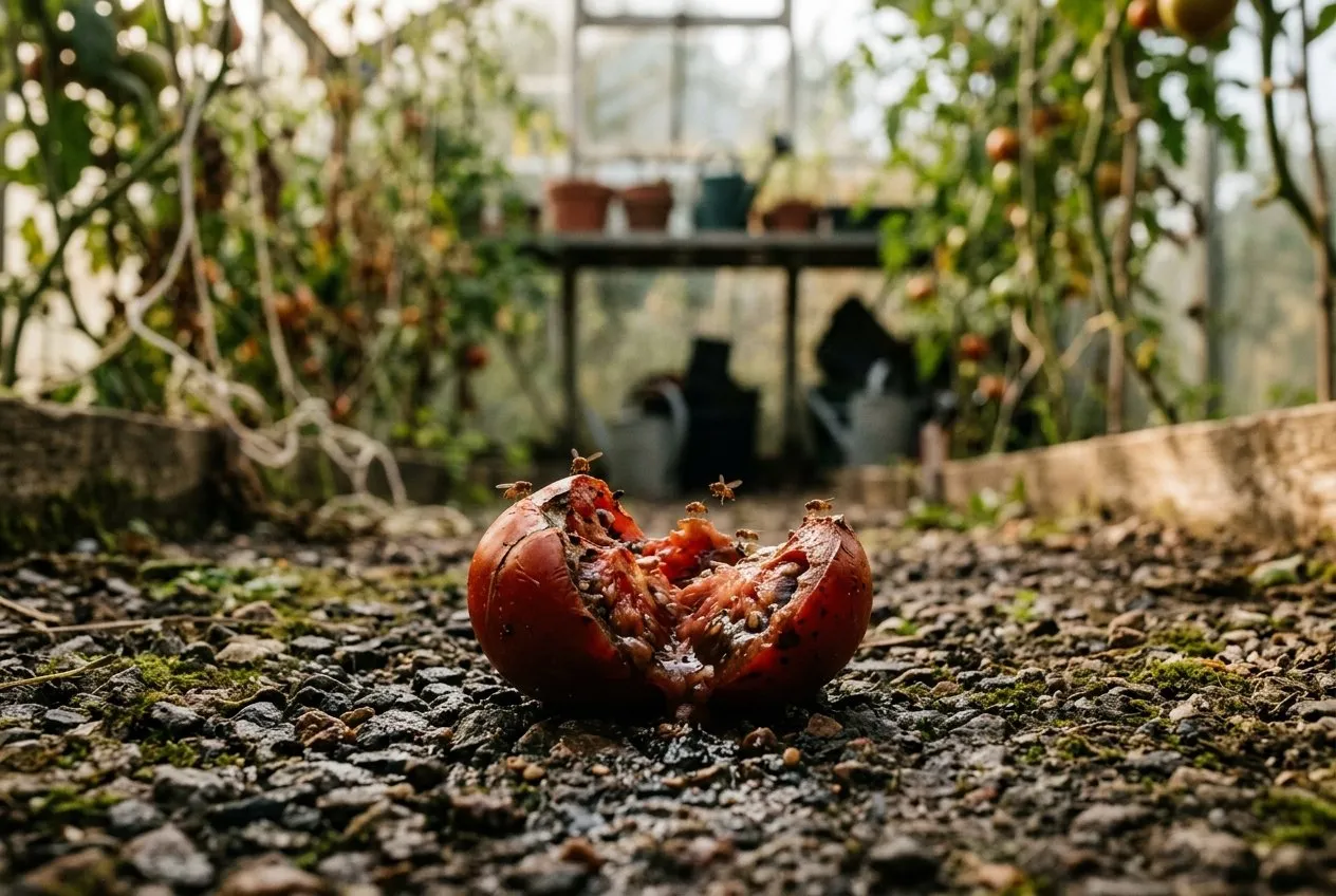 A split ripe tomato on the floor of a UK allotment greenhouse with small fruit flies around the cracked flesh