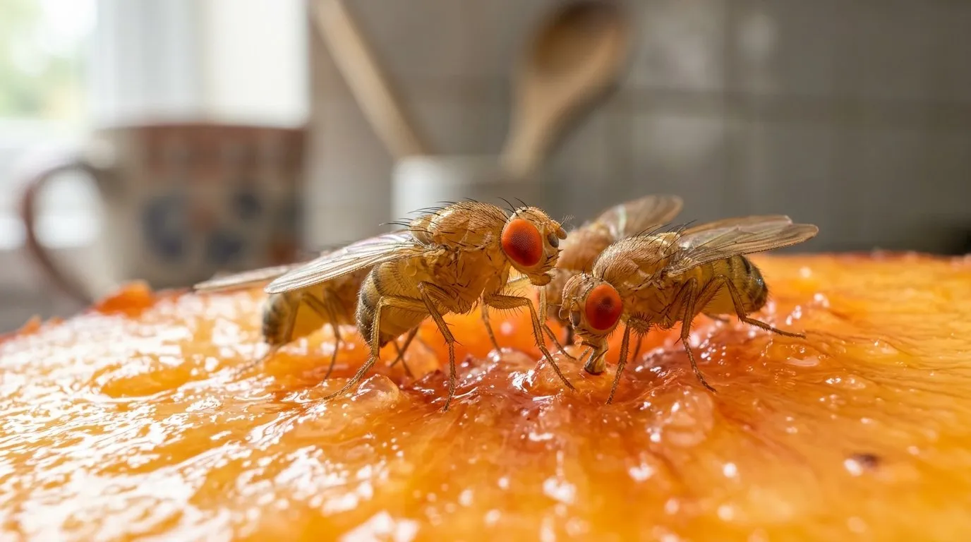 A macro photograph of small tan fruit flies with red eyes clustered on the cut surface of an over-ripe peach