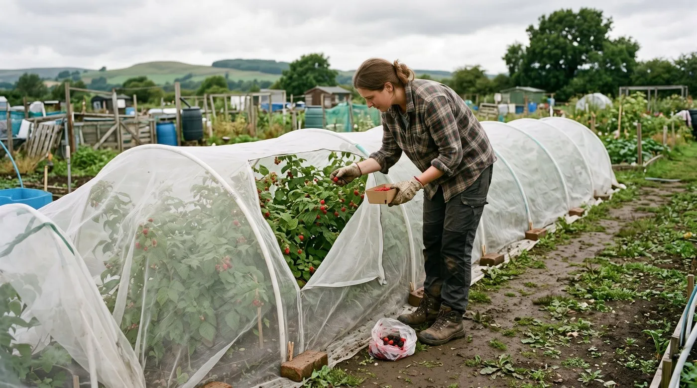 Gardener picking raspberries from canes covered in fine insect mesh, with damaged berries bagged separately