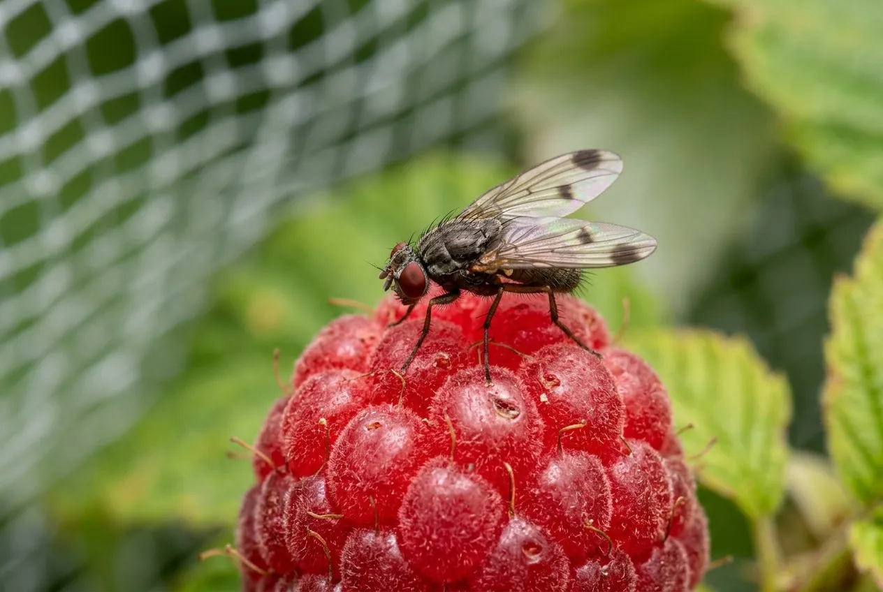 A spotted wing drosophila fly on a ripening raspberry inside a fine-mesh fruit cage on a UK allotment