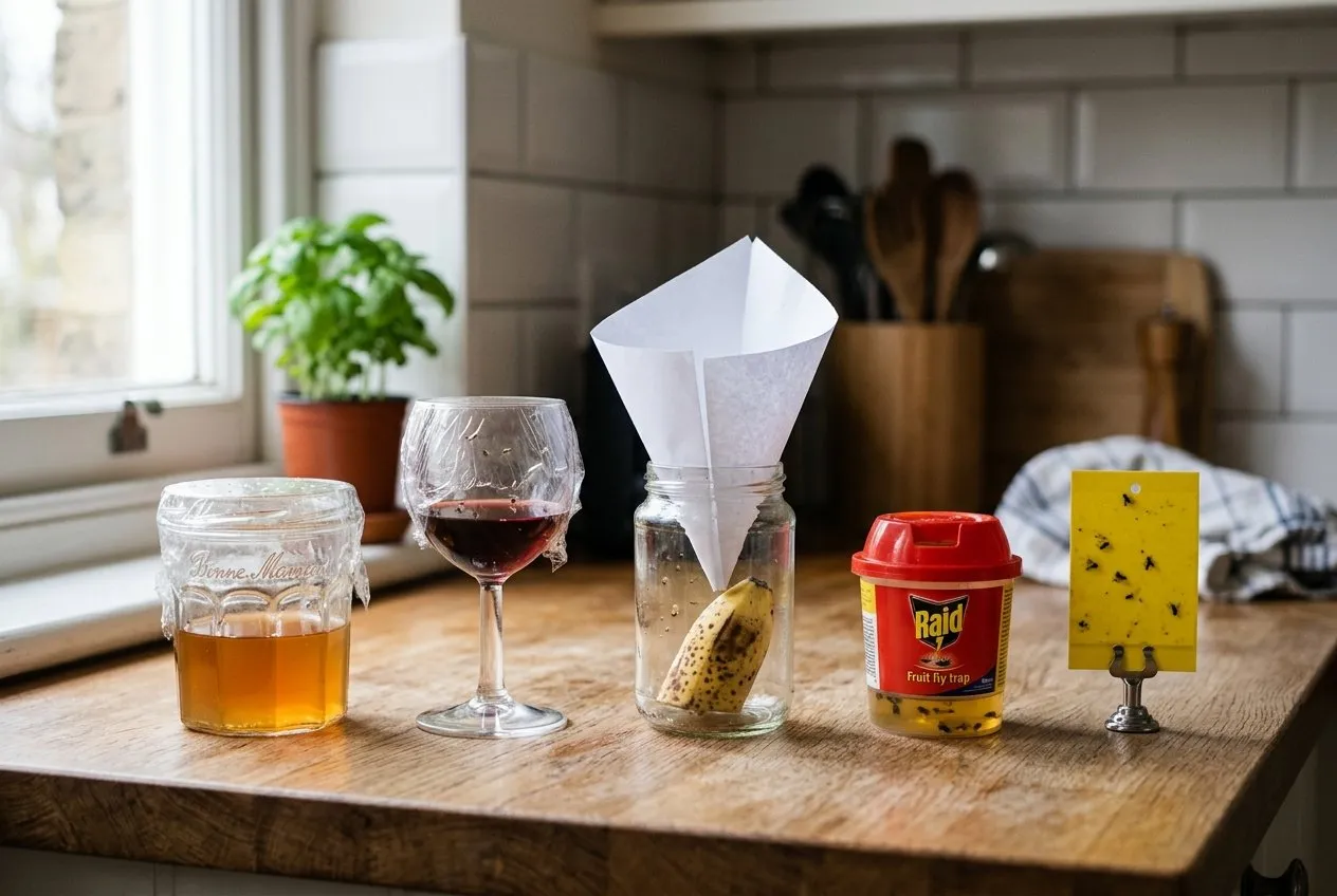 A row of five fruit fly traps on a kitchen worktop, including a cider vinegar jar, a wine dreg glass, a banana cone-jar and a yellow sticky trap