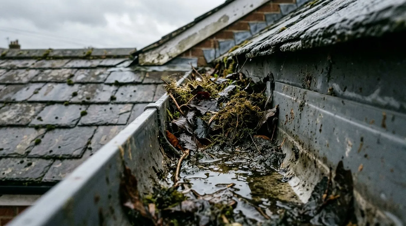 Blocked gutter holding standing silty water on a UK terraced house, a breeding site for chironomids and owl midges