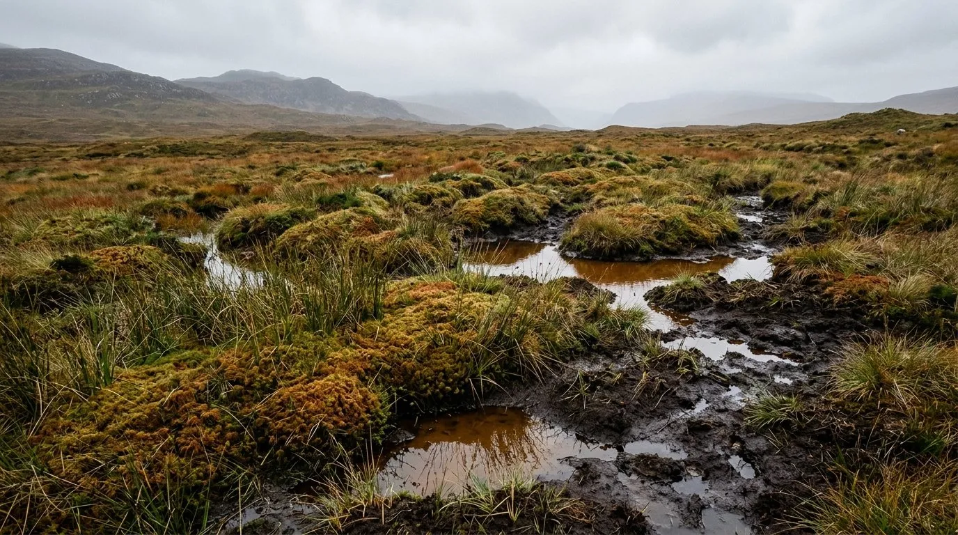 Damp acidic peaty boggy ground with rushes in the Scottish Highlands where Highland midge larvae develop