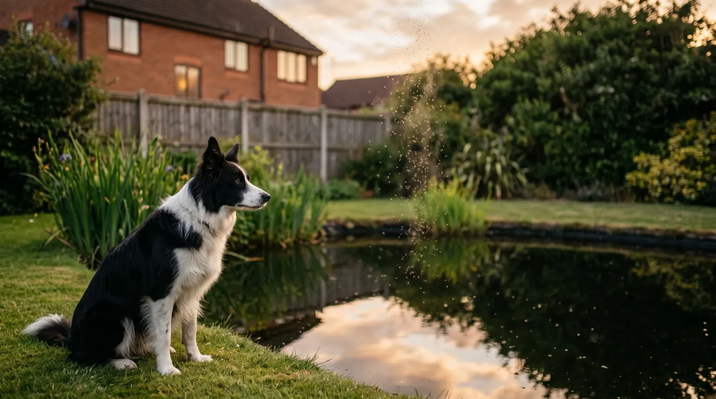 Border collie sitting beside a still suburban garden pond at dusk beneath a column of harmless non-biting chironomid midges