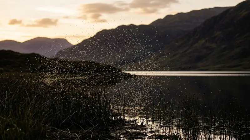 Cloud of midges swarming in golden evening light above a Scottish loch shore with hills behind