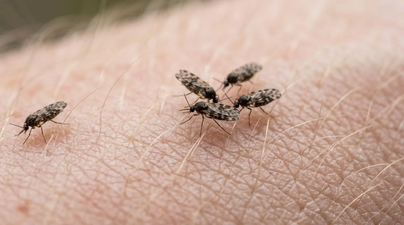 Macro photograph of tiny Highland biting midges on a human forearm showing their 1.4mm size