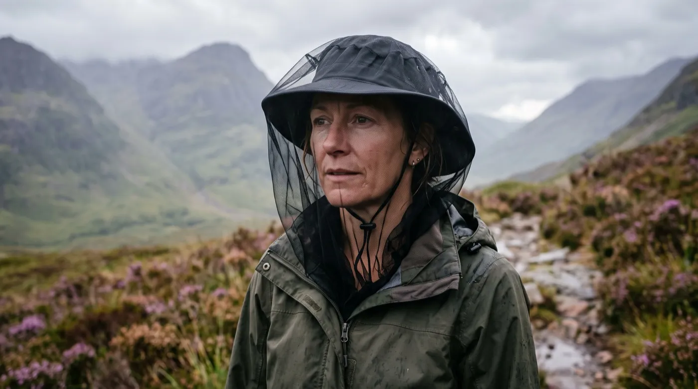 Walker wearing a fine-mesh midge head net on a Scottish hillside in summer midge season