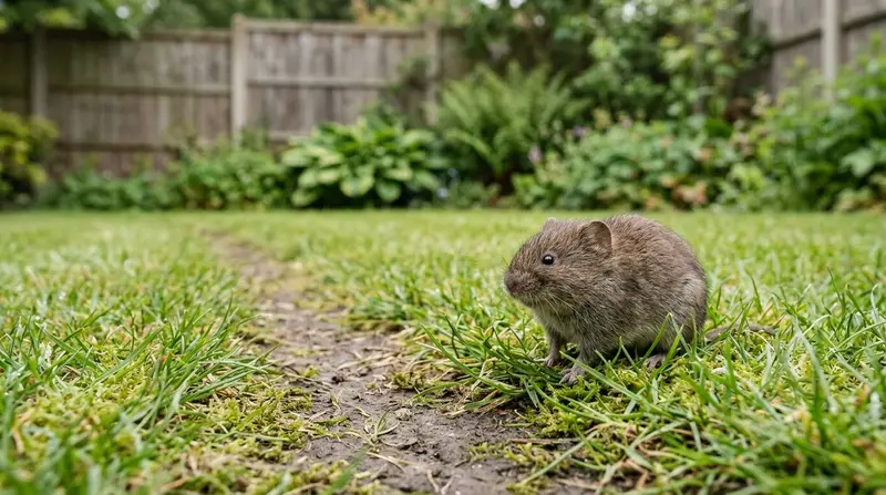 A field vole sitting in short lawn grass beside a narrow surface run worn through the turf in a UK suburban garden
