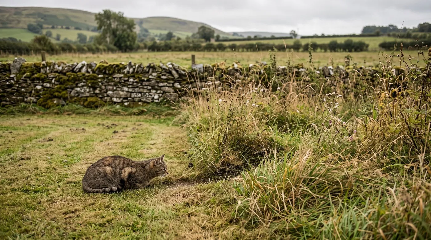Tabby cat watching a vole run leading out of long tussocky grass at a lawn edge next to a field