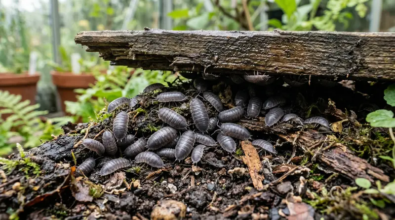 A close-up of UK common woodlice (Oniscus asellus) gathered under a wooden plank in a damp greenhouse corner