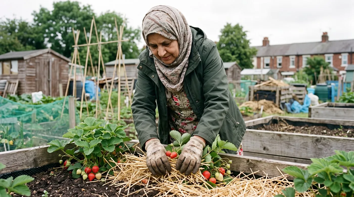 Gardener tucking straw under ripening strawberries in an allotment raised bed