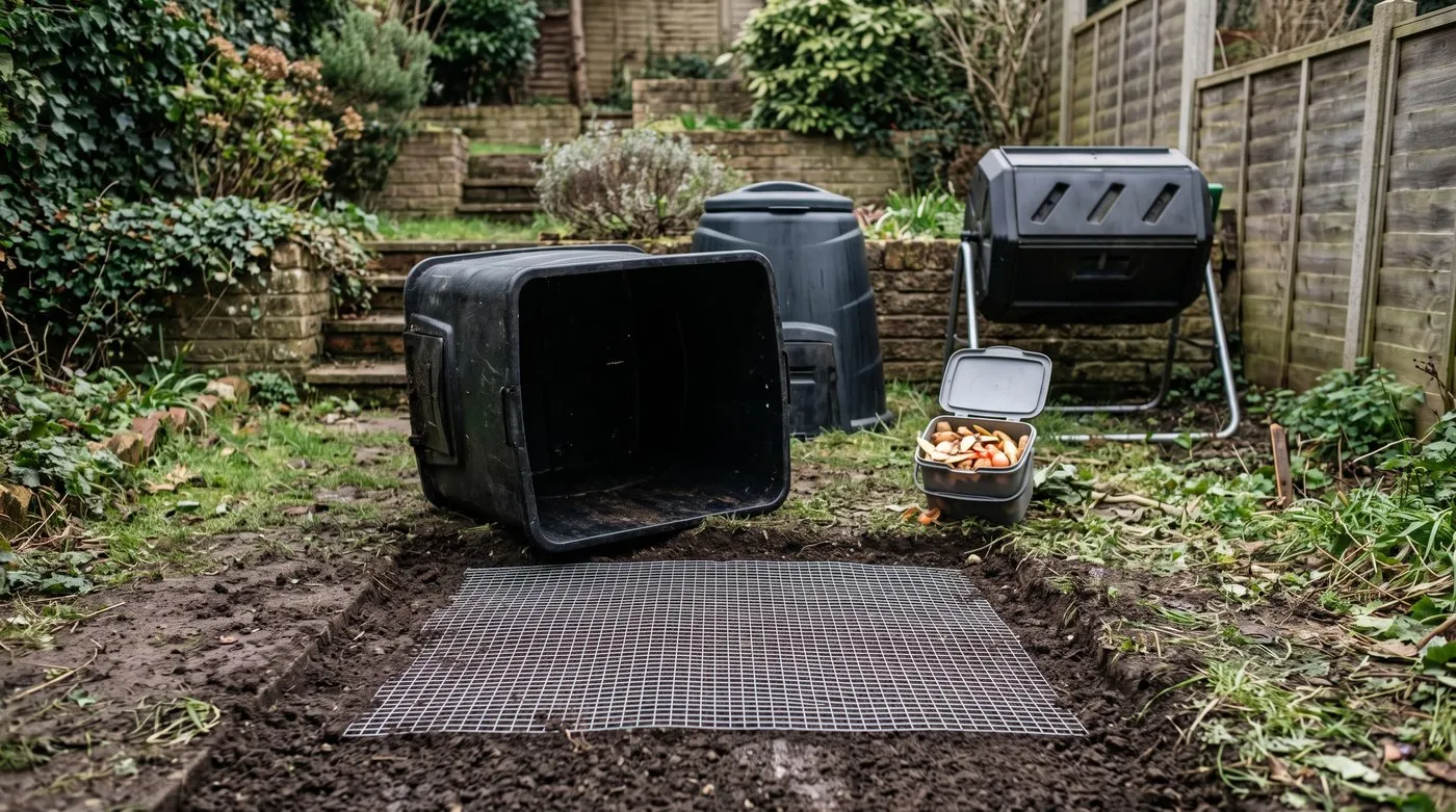 Galvanised wire mesh laid under a compost bin to stop rats burrowing in from below